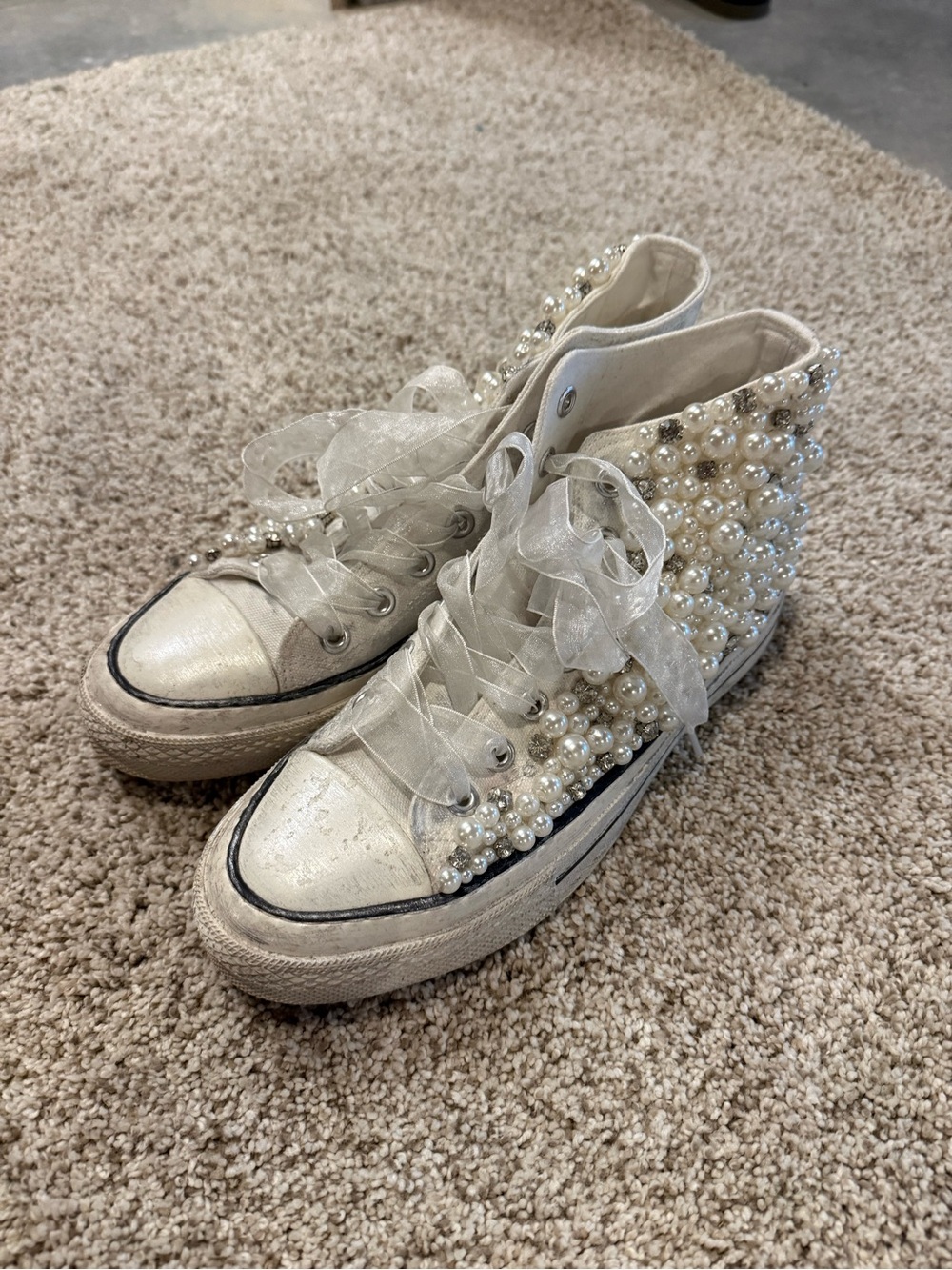 Pearl-Studded Distressed High-Top Sneakers in Cream
